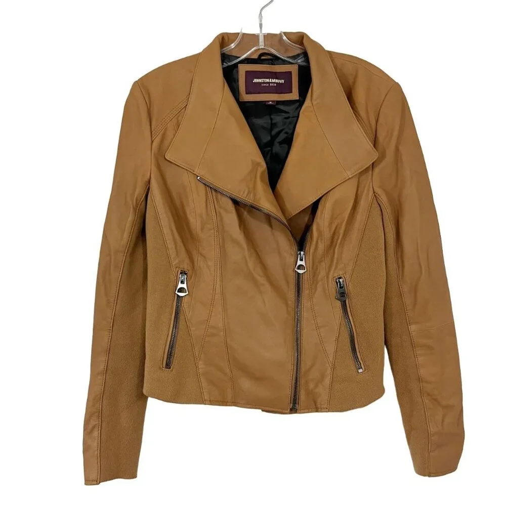Johnston &‎ Murphy Women's Brown Leather Moto Jacket Rib Contrast - Size Medium